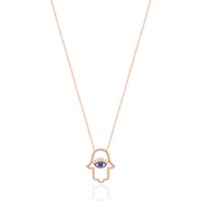 Emiliano Jewellery Lacivert Taşlı Rose Altın Kaplamalı El Desenli Göz Gümüş Kolye