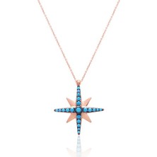 Emiliano Jewellery Turkuaz Taşlı Rose Altın Kaplama Kutup Yıldızı Gümüş Kolye