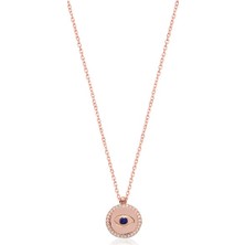 Emiliano Jewellery Zirkon Taşlı Rose Altın Kaplama Ortası Lacivert Mineli Göz Desenli Gümüş Kolye