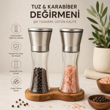 BURADABULDUN Ahşap Standlı Cam Tuz Karabiber Değirmeni | Paslanmaz Çelik Kapak | 2 Li Set