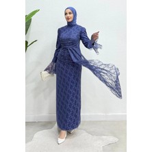 Tesettür Diyarı Cavisa Ispanyol Kol Dantel Kumaş Astarlı Tesettür Abiye- Indigo