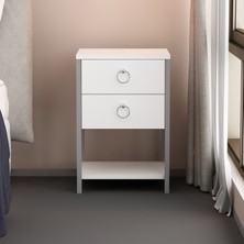 Morepp Moda 2 Çekmeceli Metal Ayaklı Komodin Beyaz Gümüş ( Gümüş Halka Kulp )