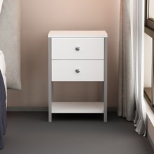 Morepp Moda 2 Çekmeceli Metal Ayaklı Komodin Beyaz Gümüş ( Gümüş Nokta Kulp )