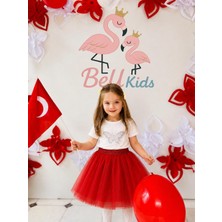 Beu Kids Kız Çocuk Tütü Etek Simli Lastikli Belli Pamuk Astarlı, 5-10 Yaş, Kırmızı & Beyaz