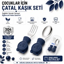 Jojobebek Lacivert Renk Ayıcık Figürlü Premium Çocuk BPA Free Silikon Sap Paslanmaz Çelik Uçlu Çatal-Kaşık Set ve Saklama Kutusu 9+ Ay