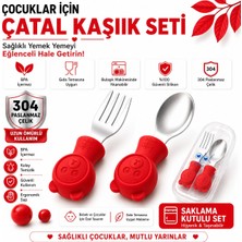 Jojobebek Kırmızı Renk Ayıcık Figürlü Premium Çocuk BPA Free Silikon Sap Paslanmaz Çelik Uçlu Çatal-Kaşık Set ve Saklama Kutusu 9+ Ay