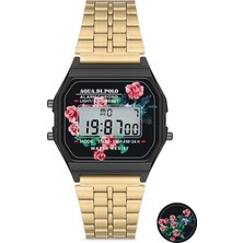 Aqua Di Polo 1987 Gold Kadın Retro Çiçek Desenli Dijital Kol Saati