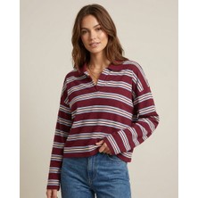 Blouse Kadın Bordo Çizgili Polo Yaka Oversize Örme Bluz