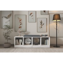 Nettrends Modern Minderli Bench - Beyaz 4 Açık Bölmeli Kitaplık ve Oturma Ünitesi PNR-PF-1002