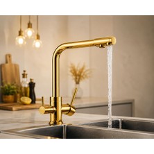 Evora 3 Yollu Musluk Su Arıtma Musluğu Gold Üç Yollu Çoklu Musluk Altın Rengi Mutfak Bataryası 85010036