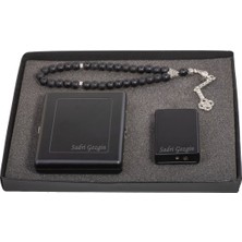 Hediye Shop Kişiye ve Isme Özel Siyah Slim Sigara Tabakası, Çakmak ve Tesbih Seti