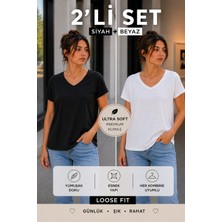 Hayalet 2'li Set Kadın V Yaka Basic T-Shirt – Loose Fit Premium Bluz