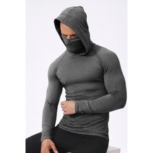 Ghassy Co. Erkek Yüz Maskeli Kapüşonlu Esnek Kumaş Pamuklu Uzun Kollu Spor Penye Tişört