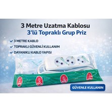 Erdo Ticaret 3 Metre Uzatma Kablosu 3’lü Topraklı Grup Priz 16A Dayanıklı Kablo