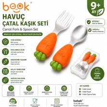 Jojobebek Turuncu Renk Havuç Figürlü Premium Çocuk BPA Free Silikon Sap Paslanmaz Çelik Uçlu Çatal-Kaşık Set ve Saklama Kutusu 9+ Ay