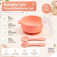 Jojobebek Kapaklı Vakumlu Silikon Mama Kasesi, Altı Vakumlu Mama Kasesi, Silikon Kaşık ve Çatal / Pembe