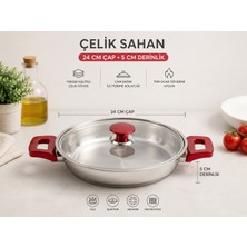 Net Çelik 24 cm Cam Kapaklı Bakalit Saplı Çelik Sahan
