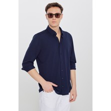 Altınyıldız Classics Erkek Lacivert Nefes Alabilir Esnek Pamuklu Tailored Slim Fit Dar Kesim Düğmeli Yaka Örme Gömlek