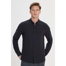Altınyıldız Classics Erkek Siyah Slim Fit Dar Kesim Düğmeli Yaka %100 Pamuk Gömlek