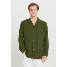 Altınyıldız Classics Erkek Haki Comfort Fit Rahat Kesim Hawai Yaka Jakarlı Gömlek