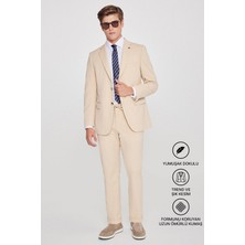 Altınyıldız Classics Erkek Bej Slim Fit Dar Kesim Mono Yaka Beli Bağlamalı Kapak Cepli Esnek Takım Elbise