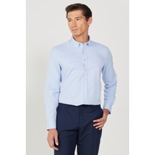 Altınyıldız Classics Erkek Açık Mavi Slim Fit Dar Kesim Düğmeli Yaka Armürlü Gömlek