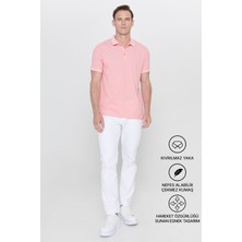 Altınyıldız Classics Erkek Çekmeyen Pamuklu Kumaş Slim Fit Dar Kesim Pembe-Beyaz Kıvrılmaz Polo Yaka Tişört
