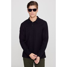 Altınyıldız Classics Erkek Siyah %100 Pamuk Jakarlı Triko Sweatshirt Uzun Kollu Slim Fit Dar Kesim Polo Yaka