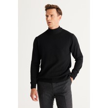 Altınyıldız Classics Erkek Siyah Yarım Balıkçı Yaka Pamuklu Triko Kazak Standart Fit Günlük Stil
