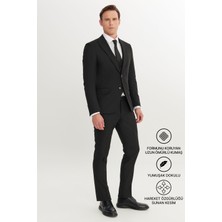 Altınyıldız Classics Erkek Siyah Slim Fit Dar Kesim Yelekli Takım Elbise Kırlangıç Yaka Kapak Cepli