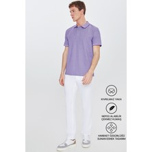 Altınyıldız Classics Erkek Çekmeyen Pamuklu Kumaş Slim Fit Dar Kesim Mor-Beyaz Kıvrılmaz Polo Yaka Tişört
