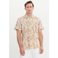 Altınyıldız Classics Erkek Beyaz-Kahve Slim Fit Dar Kesim Gizli Düğmeli Yaka %100 Pamuk Baskılı Gömlek