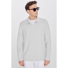 Altınyıldız Classics Erkek Gri %100 Pamuk Triko Sweatshirt Uzun Kollu Slim Fit Dar Kesim Polo Yaka Jakarlı