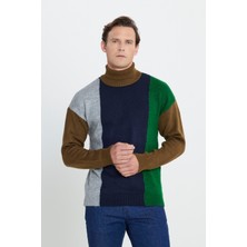 Altınyıldız Classics Erkek Haki-lacivert Oversize Fit Bol Kesim Tam Balıkçı Yaka Şardonlu Yumuşak Dokulu Triko Kazak