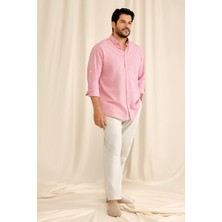 Altınyıldız Classics Erkek Fuşya Keten Comfort Fit Rahat Kesim Düğmeli Yaka Casual Gömlek