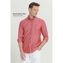 Altınyıldız Classics Erkek Oxford Kolay Ütülenebilir Pamuklu Terletmez Gömlek Bordo Düğmeli Yaka Slim Fit Dar Kesim