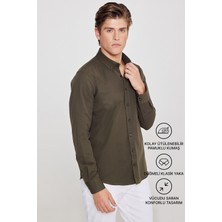 Altınyıldız Classics Erkek Oxford Kolay Ütülenebilir Pamuklu Terletmez Gömlek Haki Düğmeli Yaka Slim Fit Dar Kesim
