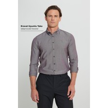Altınyıldız Classics Erkek Oxford Kolay Ütülenebilir Pamuklu Terletmez Gömlek Kahverengi Düğmeli Yaka Slim Fit Dar Kesim