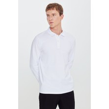 Altınyıldız Classics Erkek Beyaz Pamuklu Slim Fit Dar Kesim Polo Yaka Uzun Kollu Esnek Tişört