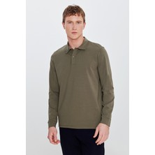 Altınyıldız Classics Erkek Haki Pamuklu Slim Fit Dar Kesim Polo Yaka Uzun Kollu Esnek Tişört