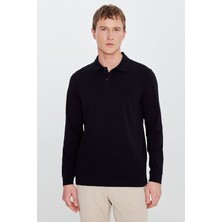 Altınyıldız Classics Erkek Siyah Pamuklu Slim Fit Dar Kesim Polo Yaka Uzun Kollu Esnek Tişört