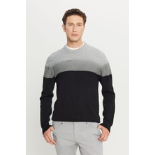 Altınyıldız Classics Erkek Gri-siyah Sıcak Tutan Colorblock Desenli Triko Kazak Standart Fit Bisiklet Yaka