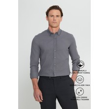 Altınyıldız Classics Erkek Antrasit %100 Pamuk Nefes Alabilen Kumaş Flamlı Slim Fit Düğmeli Yaka Gömlek