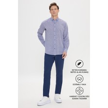 Altınyıldız Classics Erkek Lacivert Keten Comfort Fit Rahat Kesim Düğmeli Yaka Casual Gömlek