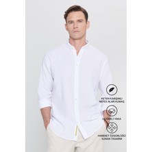 Altınyıldız Classics Erkek Beyaz Keten Comfort Fit Rahat Kesim Düğmeli Yaka Casual Gömlek