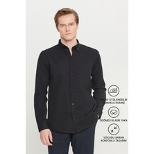 Altınyıldız Classics Erkek Oxford Kolay Ütülenebilir Pamuklu Terletmez Gömlek Siyah Düğmeli Yaka Slim Fit Dar Kesim