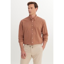 Altınyıldız Classics Erkek Kahverengi Comfort Fit Rahat Kesim Gizli Düğme Yaka %100 Pamuk Flamlı Gömlek