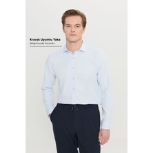 Altınyıldız Classics Erkek Mavi Kolay Ütülenebilir Slim Fit Dar Kesim Italyan Yaka Armürlü Gömlek