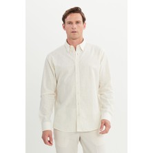 Altınyıldız Classics Erkek Ekru Comfort Fit Rahat Kesim Gizli Düğme Yaka %100 Pamuk Flamlı Gömlek