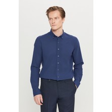 Altınyıldız Classics Erkek Lacivert %100 Pamuk Nefes Alabilen Kumaş Flamlı Slim Fit Düğmeli Yaka Gömlek